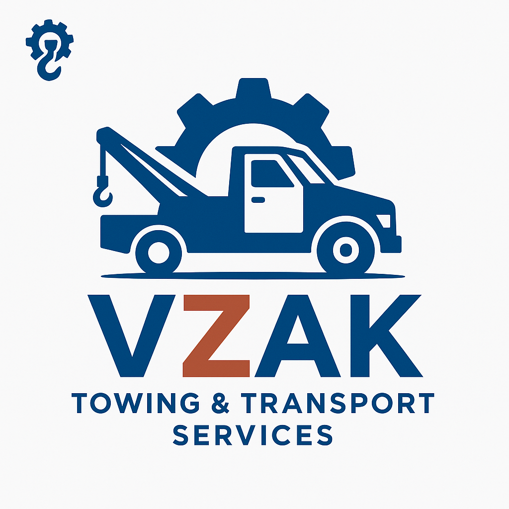 VZAK Towing & Transport Services Logo - Reliable Towing in Chicagoland Logo of VZAK Towing & Transport Services featuring a blue tow truck and gear with bold lettering